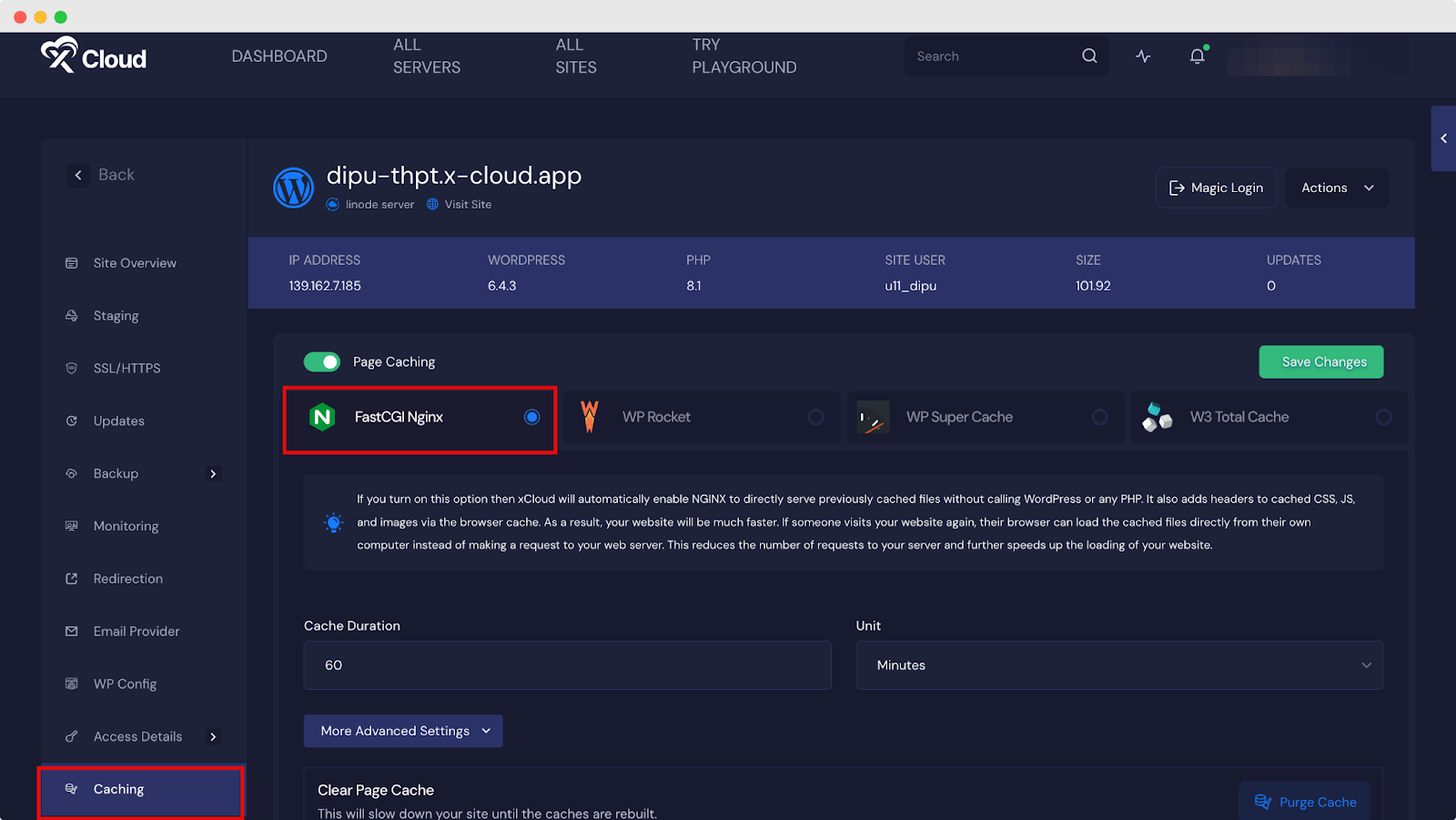 xCloud site Caching tab with Page Caching on and FastCGI Nginx selected