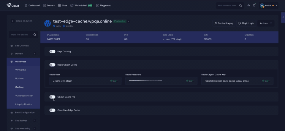 Enabling Edge Caching from the Caching section of an xCloud site and opening Advanced Settings