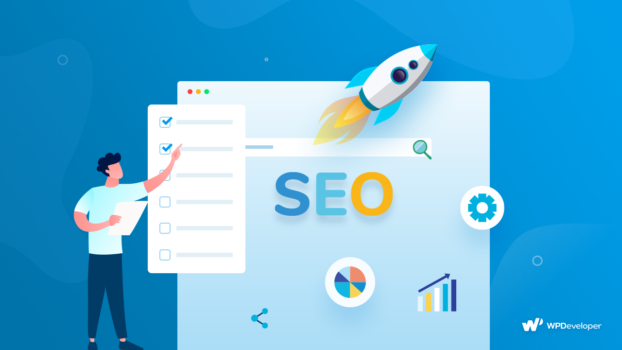 Illustration of an SEO checklist beside a browser window and a rocket