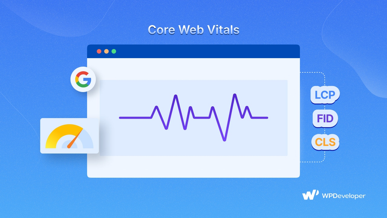 Core Web Vitals illustration with a Google speed gauge and metric labels
