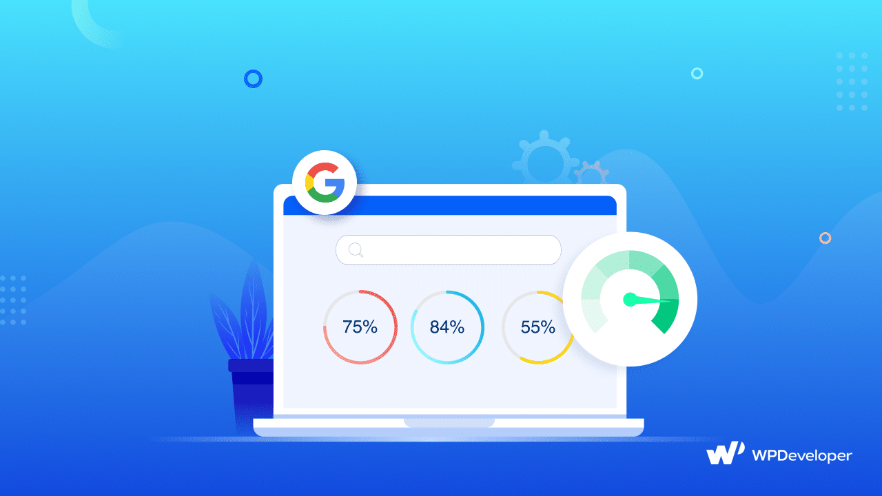 Illustration of Google page speed scores and a speed gauge on a laptop