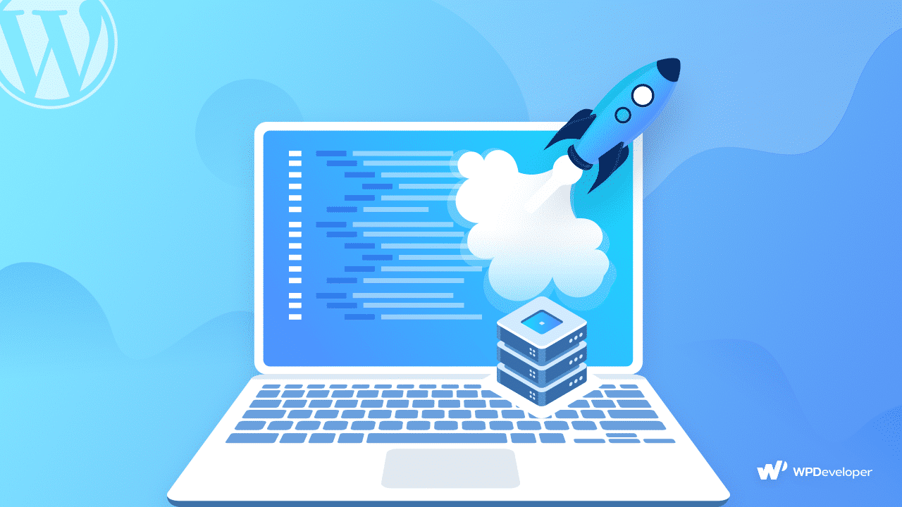 Illustration of a WordPress site on a laptop with a server and a rocket, representing caching