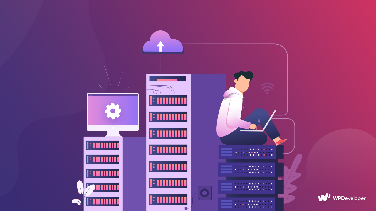 Illustration of a person working on a laptop beside server racks connected to the cloud