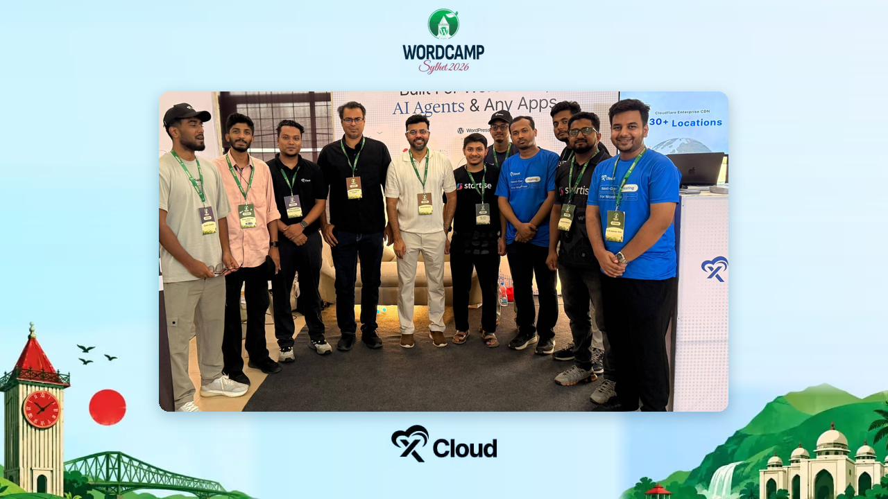 The xCloud team posing together at the xCloud booth during WordCamp Sylhet 2026