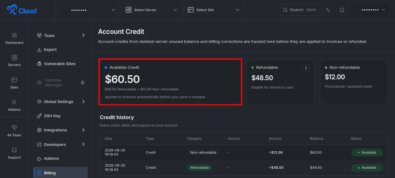 The Account Credit view, showing refundable and non-refundable balances.