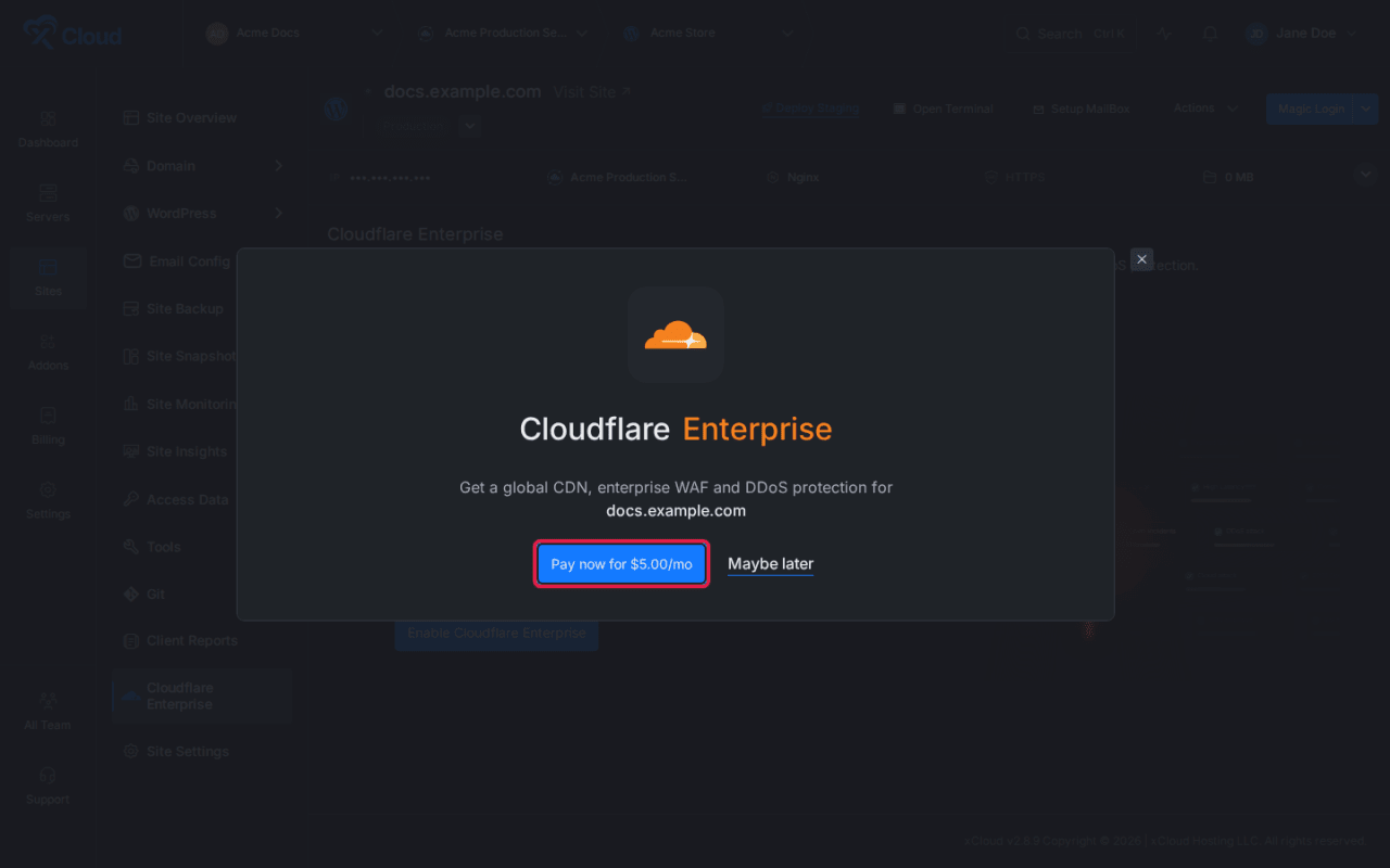 The Cloudflare Enterprise purchase confirmation.