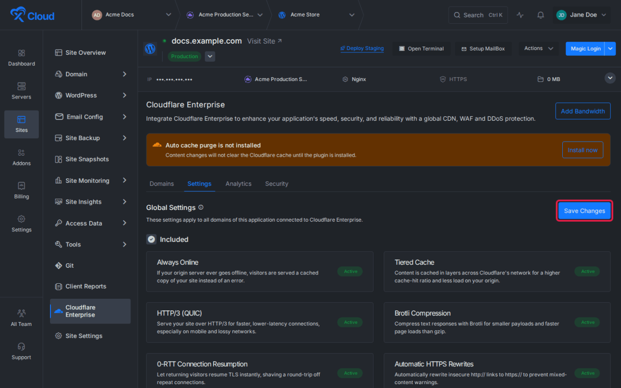 The Cloudflare Enterprise Settings tab.