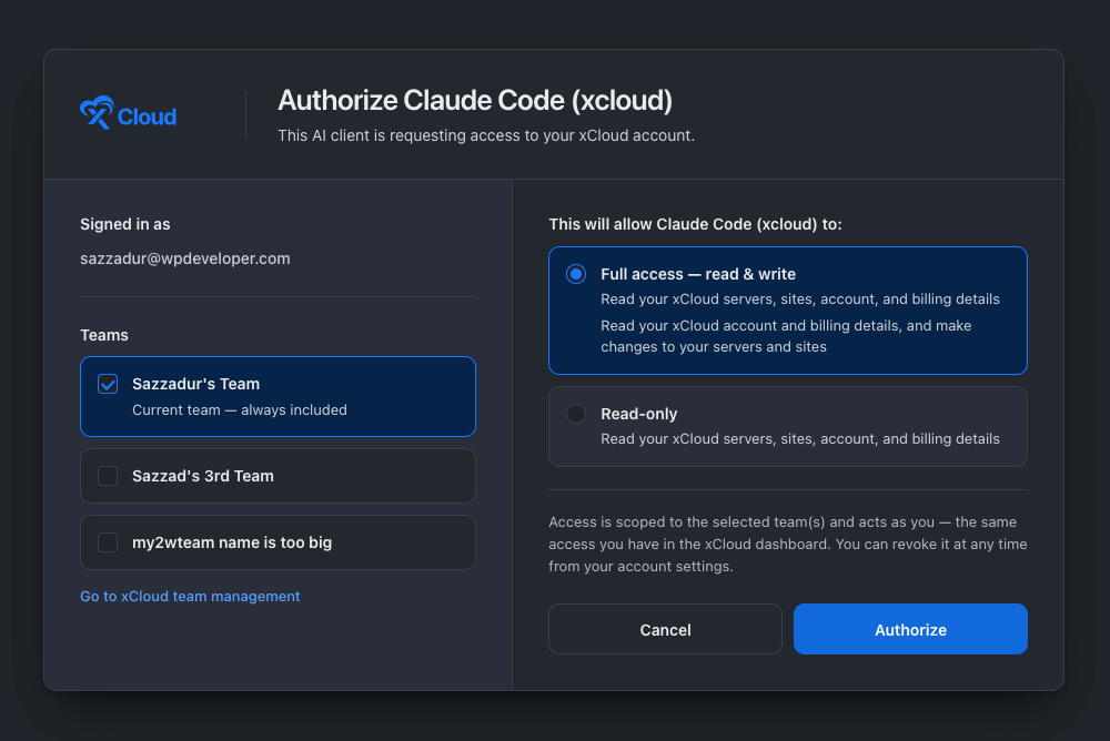 The xCloud authorization screen for an MCP client: the signed-in account, a list of teams to tick, and the choice between Full access and Read-only