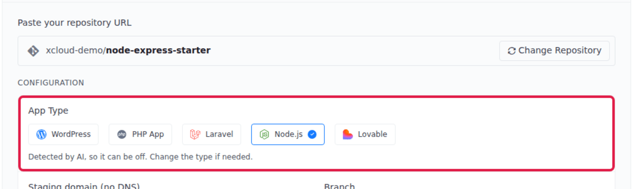 xCloud detecting the repository and preselecting Node.js as the application type