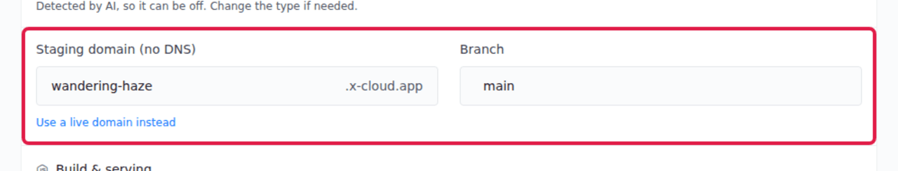 Selecting the deploy branch and a staging domain in xCloud