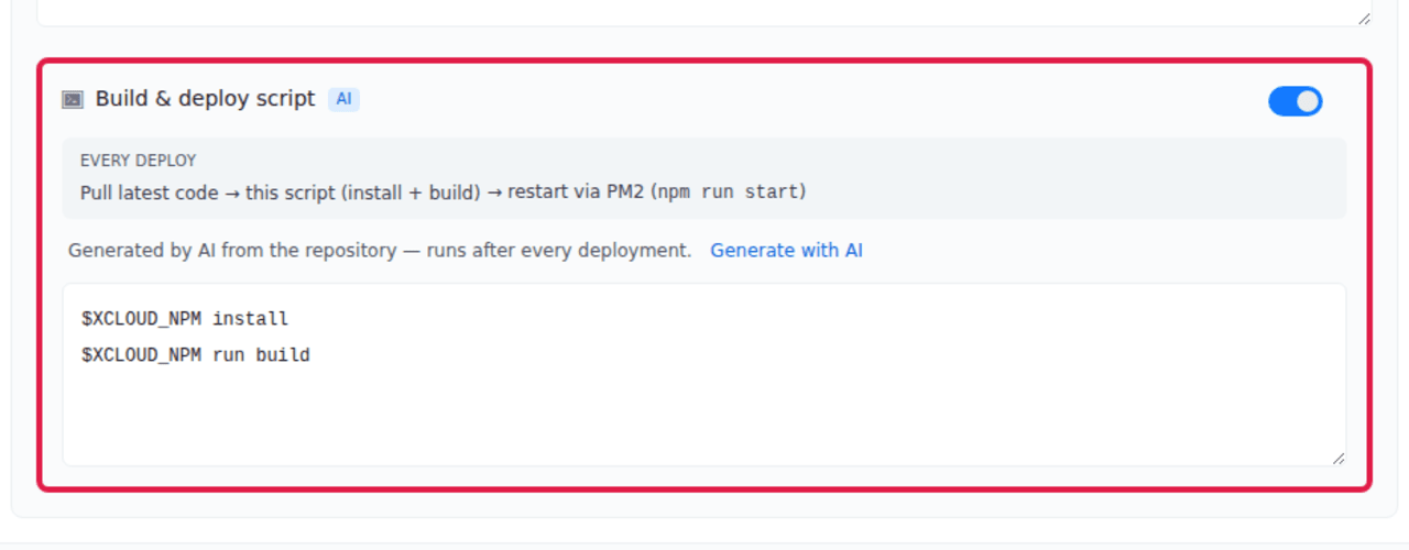 The Build & deploy script field with the generated install and build commands