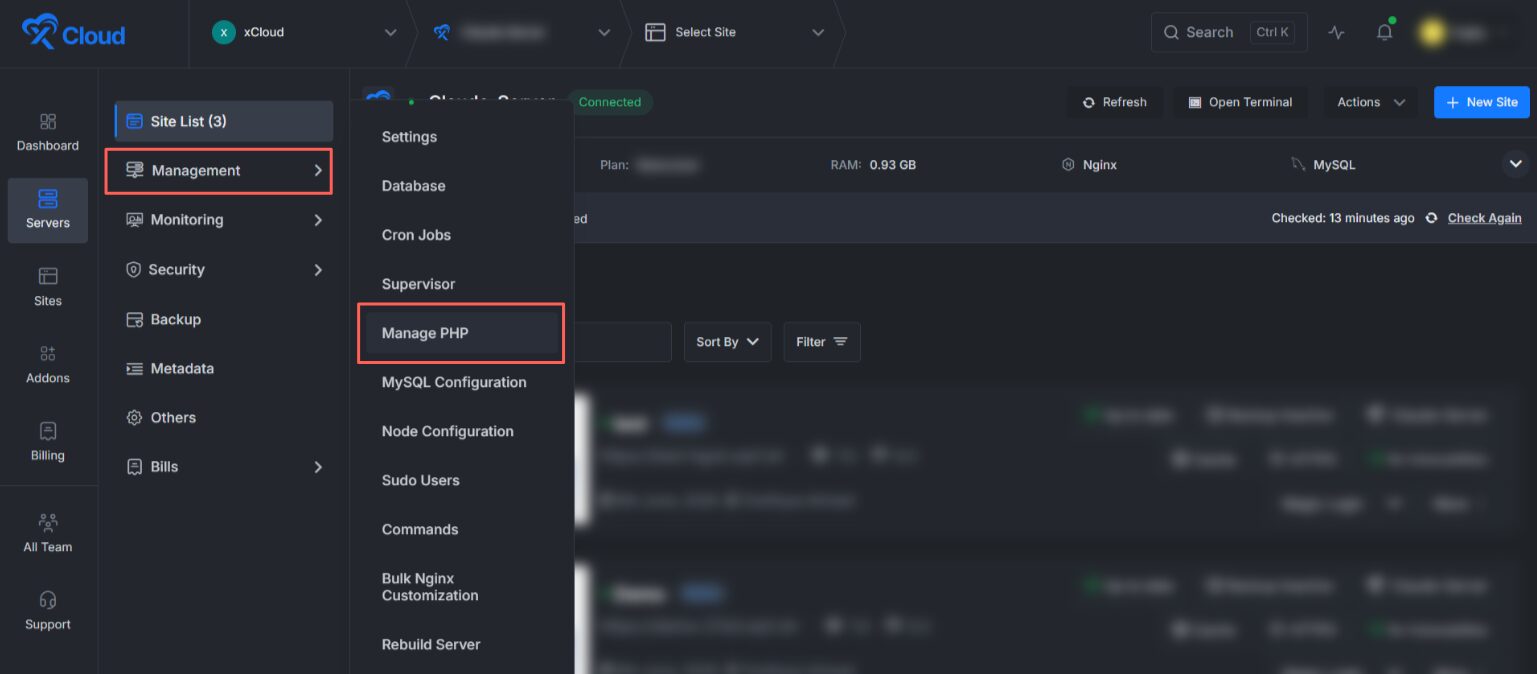 Open the Manage PHP Extensions Panel