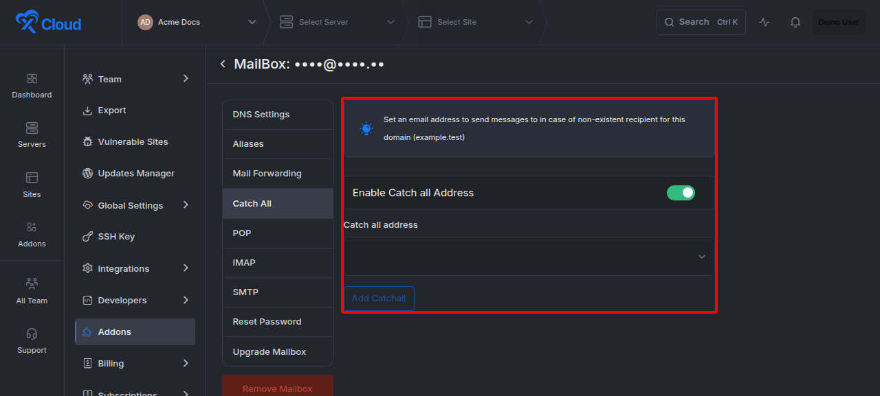 Enabling catch-all delivery for the domain.