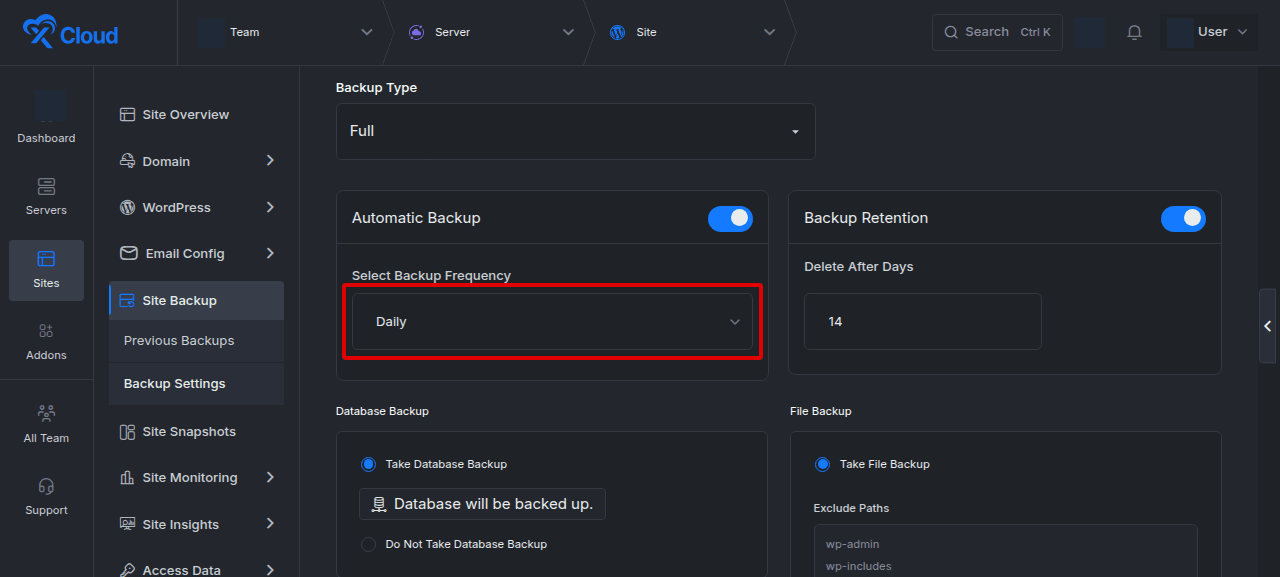 The automatic backup schedule settings.