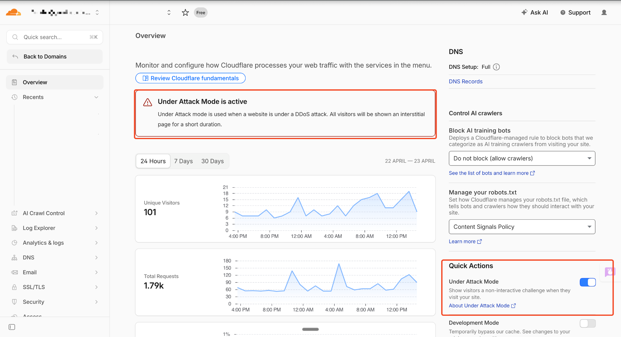 enable Cloudflare Under Attack mode