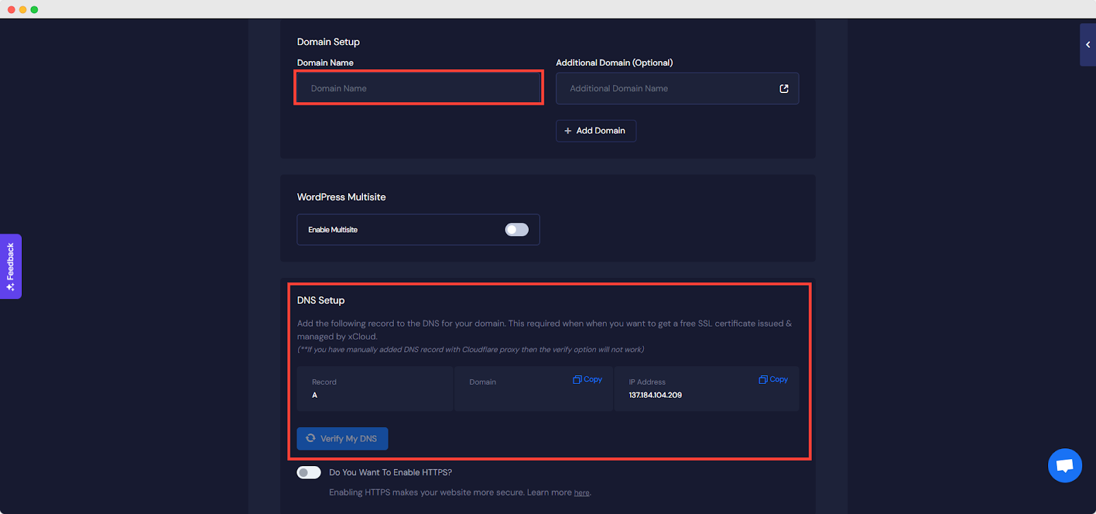 The WordPress site configuration form in xCloud