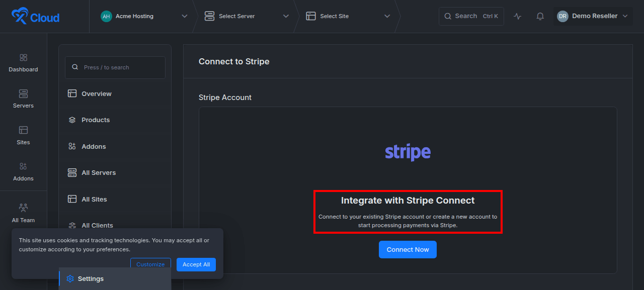 Connecting a Stripe account with Stripe Connect.