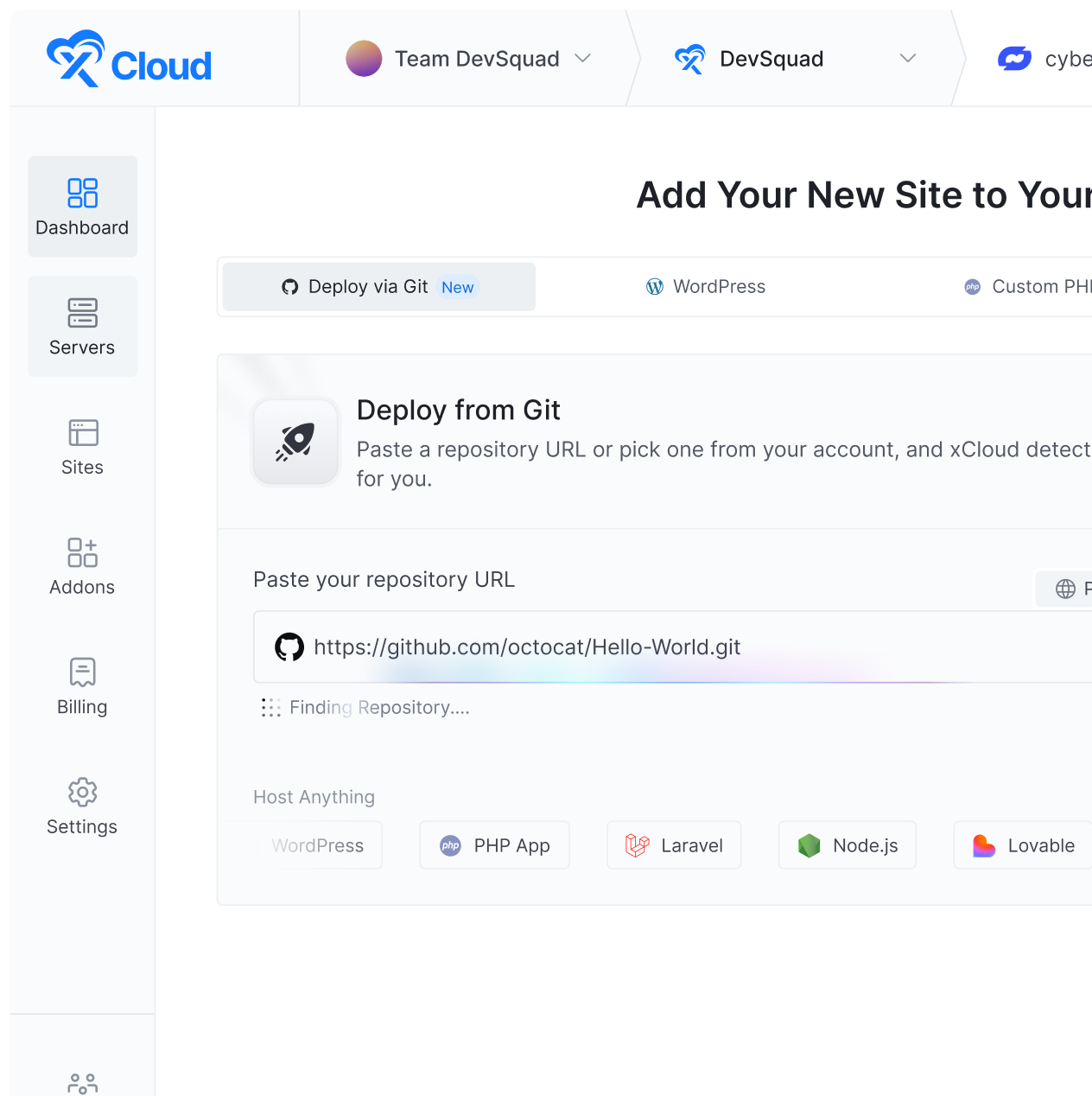 xCloud dashboard showing the Deploy via Git setup — connect a GitHub
          repository or pick a stack, and xCloud builds and deploys it.