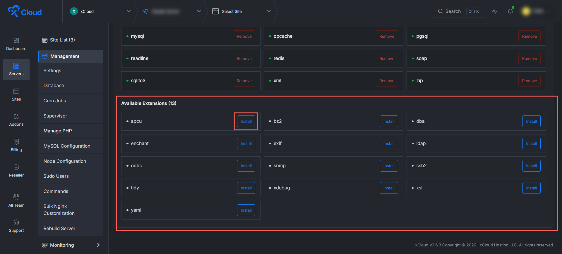 xCloud Manage PHP Extensions โAvailable Extensionsโ lists every extension that is supported but not yet installed for the selected PHP version.