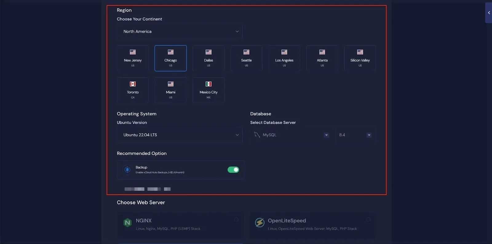 Next, choose the Region and Ubuntu Version for your server.