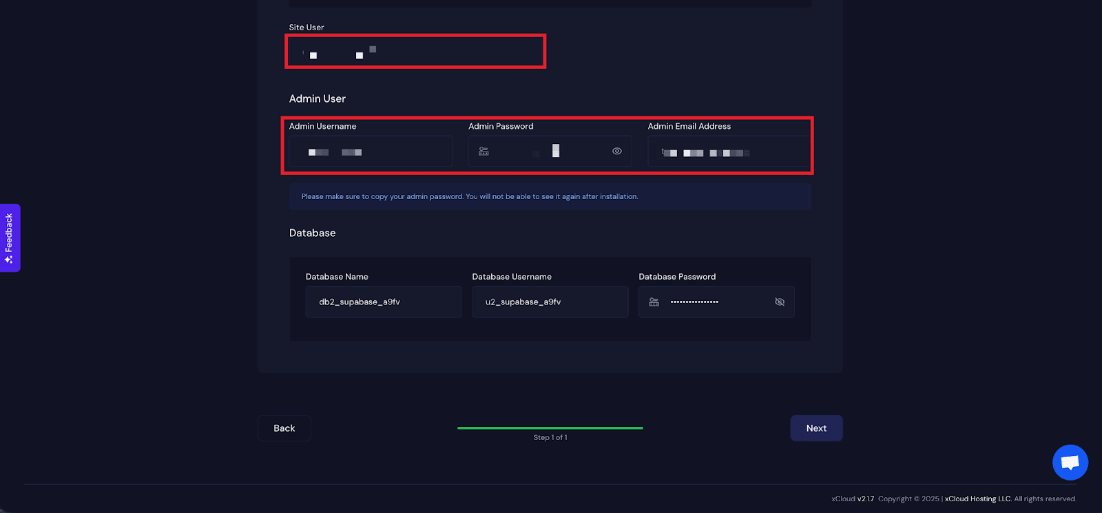 You will get a ‘Site User’ of your application. You can also adjust it according to your preferences or leave it as the default. In the next section, you will get ‘Admin Username’, ‘Admin Password’, and ‘Admin Email Address’.&nbsp;