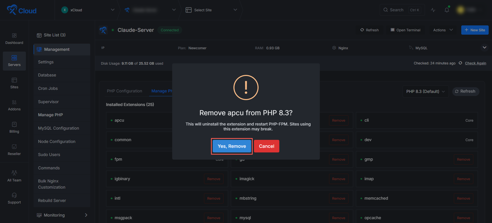 xCloud Manage PHP Extensions Remove a PHP Extension
