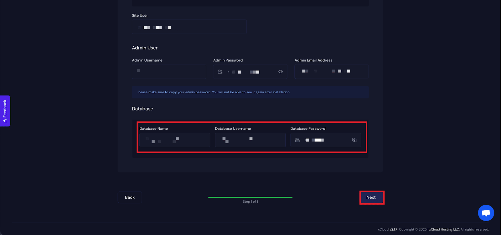Get the ‘Database Name’, ‘Database Username’ and ‘Database Password’ for this application and click on the ‘Next’ button.