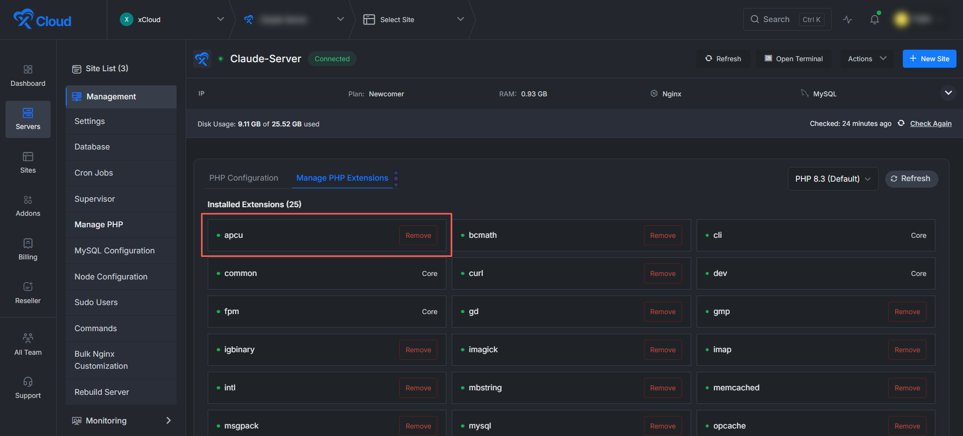 xCloud Manage PHP Extensions the extension moves to the โInstalled Extensionsโ section and the installed count increases.