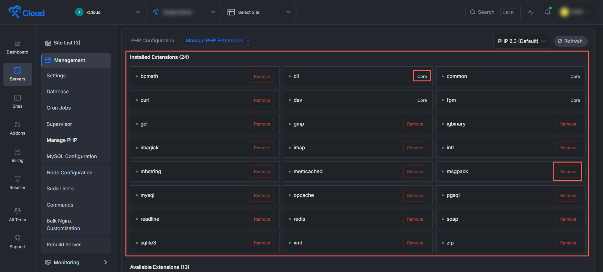 Inside the Manage PHP Extensions Panel