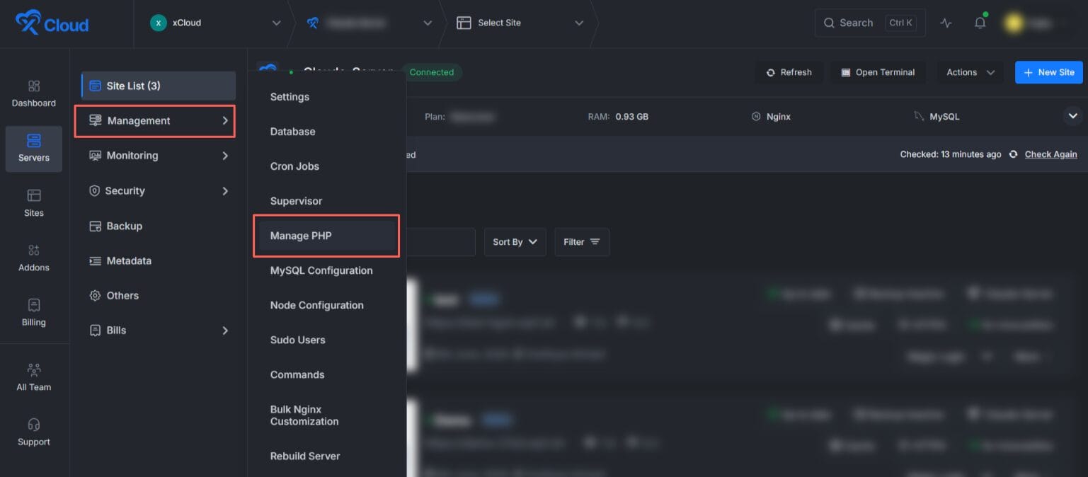 xCloud Manage PHP Extensions Open the Manage PHP Extensions Panel
