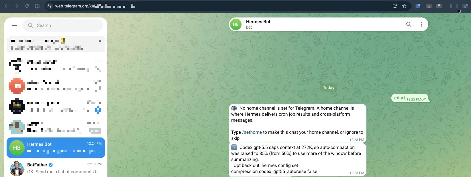 Hermes Telegram bot start and test message after connecting Telegram on xCloud
