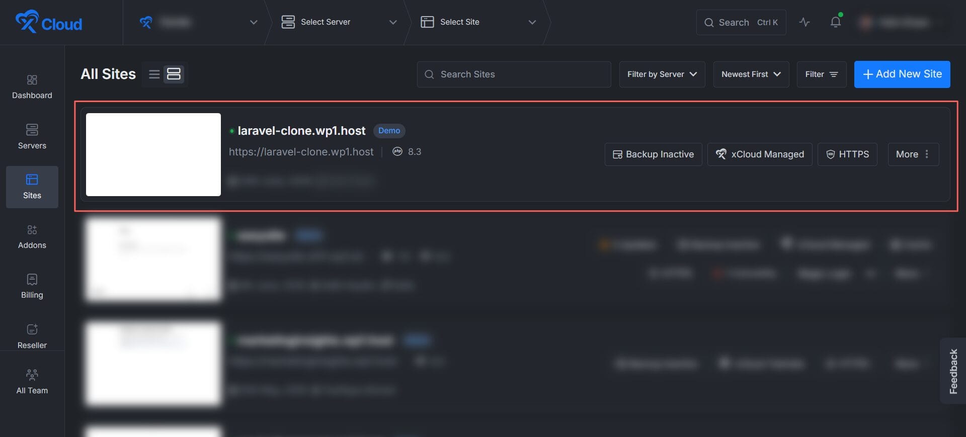 Clone a Laravel app with xCloud โ selecting the site