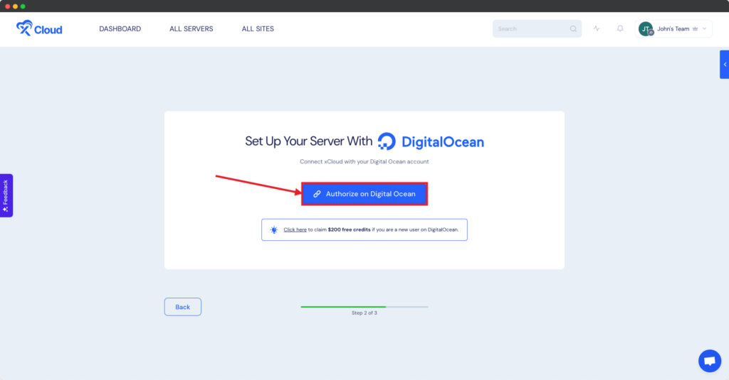Provision a new DigitalOcean server, click โAuthorizeโ in setup, and grant account access via DigitalOcean.