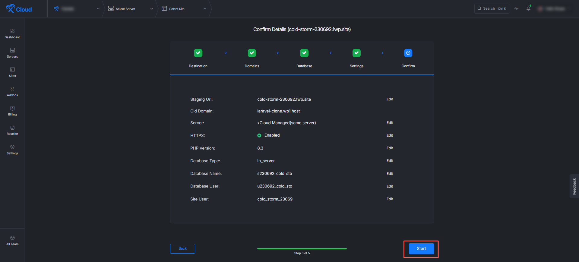 Clone a Laravel app with xCloud — confirm clone details