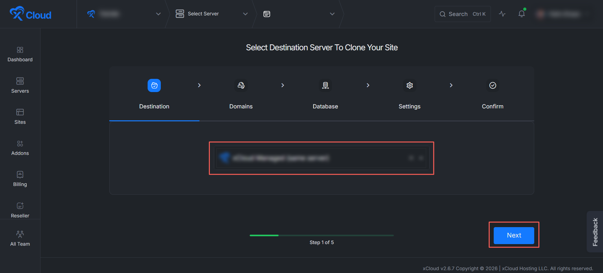 Clone a Laravel app with xCloud — select destination server
