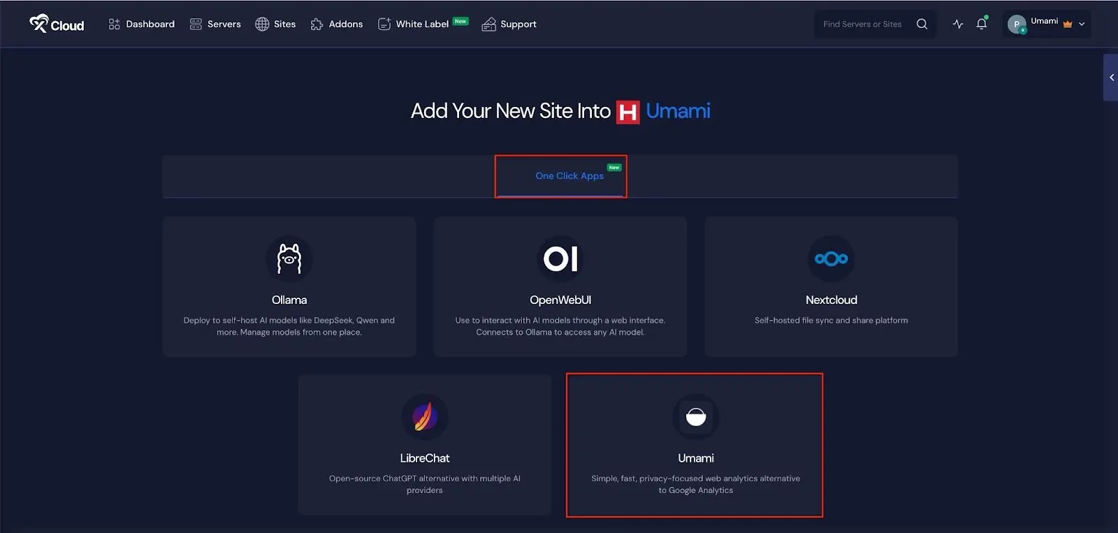 Install Umami with xCloud