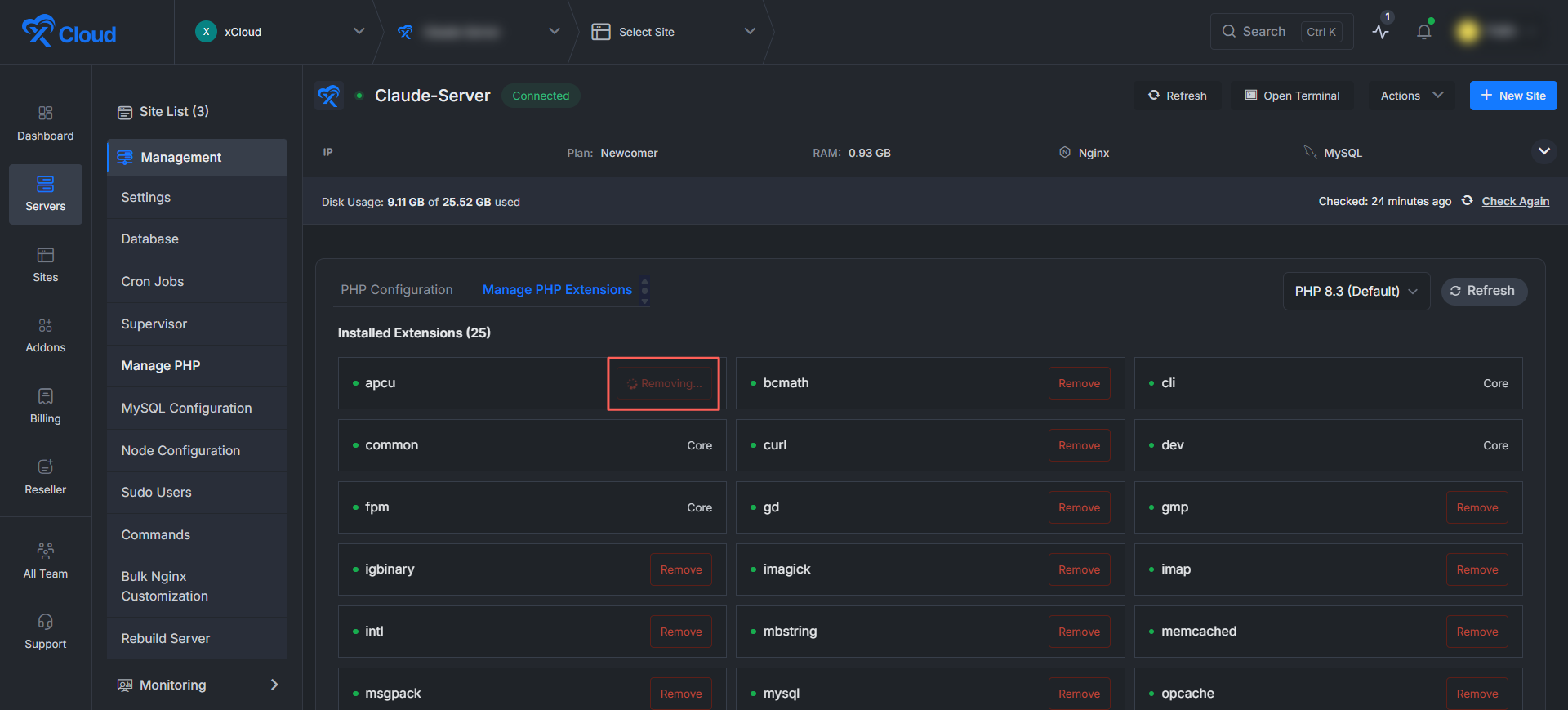 The button changes to ‘Removing…’ while xCloud uninstalls the extension and restarts that PHP service.