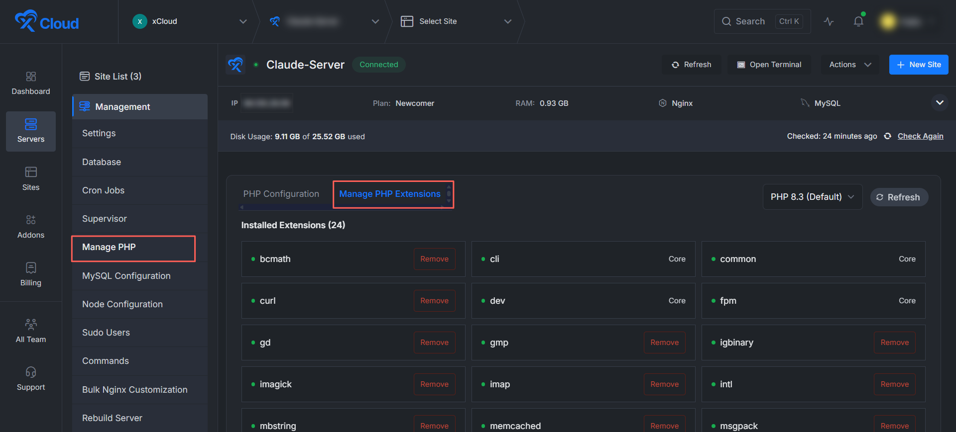 xCloud Manage PHP Extensions select the โManage PHP Extensionsโ tab