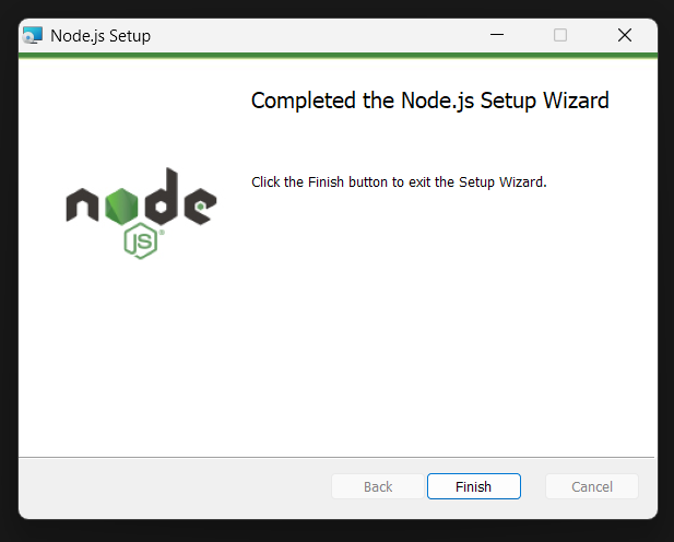 Wait until the wizard displays Finish, confirming that Node.js and npm have been successfully installed.